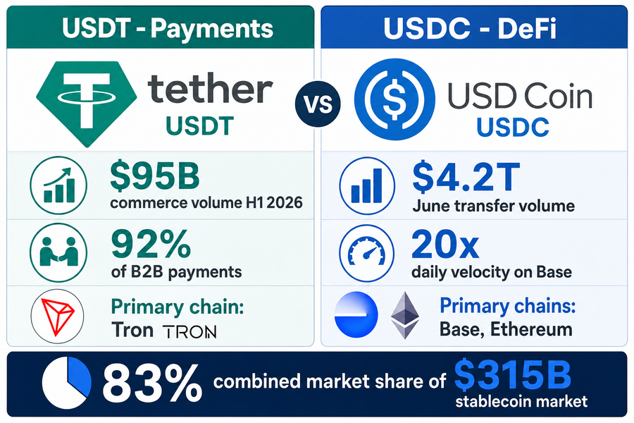 Infographic comparing USDT payments dominance with $95B commerce versus USDC DeFi dominance with $4.2T in transfers