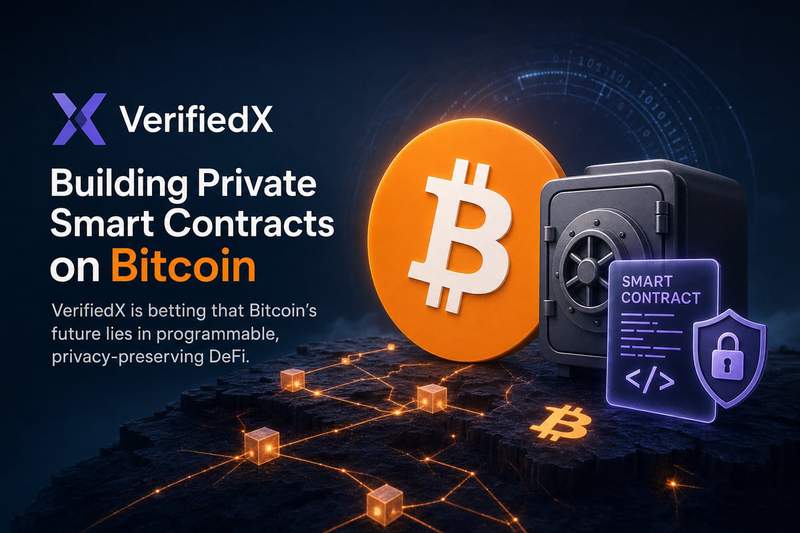 Diagram showing Bitcoin connecting to a privacy-enabled smart contract layer with VerifiedX branding