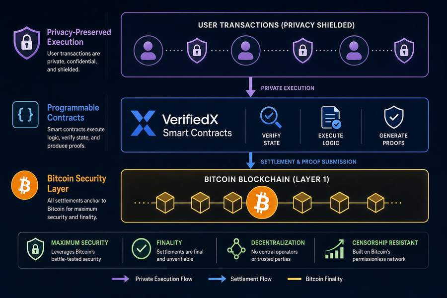 Diagram showing VerifiedX architecture with Bitcoin as the base layer, privacy features in the middle, and smart contract functionality on top