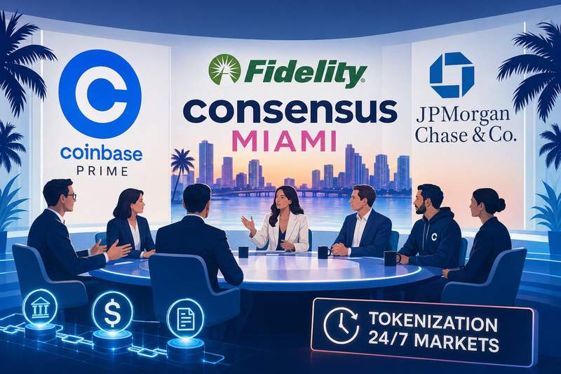 Consensus 2026 Miami stage with Wall Street and crypto logos converging