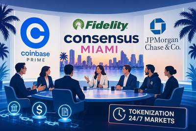 Consensus 2026 Miami stage with Wall Street and crypto logos converging