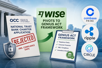 Wise logo with GENIUS Act framework overlay showing US regulatory pathway