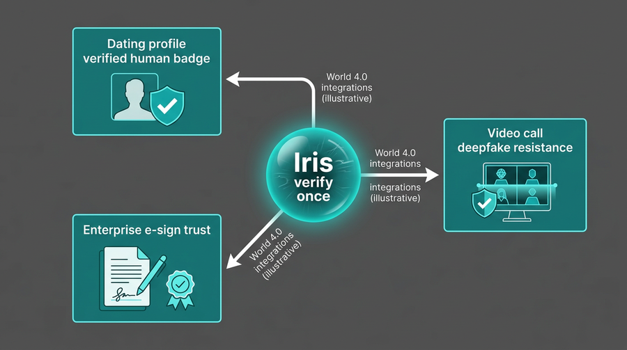 Illustrative flow: Orb verification branching to dating, video-call, and e-sign use cases (partnerships as announced)