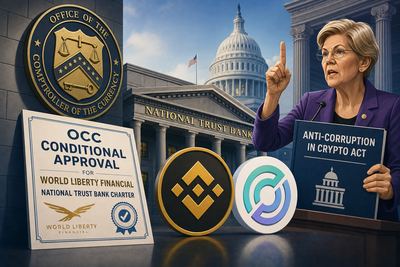 OCC building with World Liberty Financial and USD1 stablecoin logos representing the trust charter approval