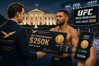 UFC fighters receiving USD1 stablecoin bonuses at White House event with World Liberty Financial branding