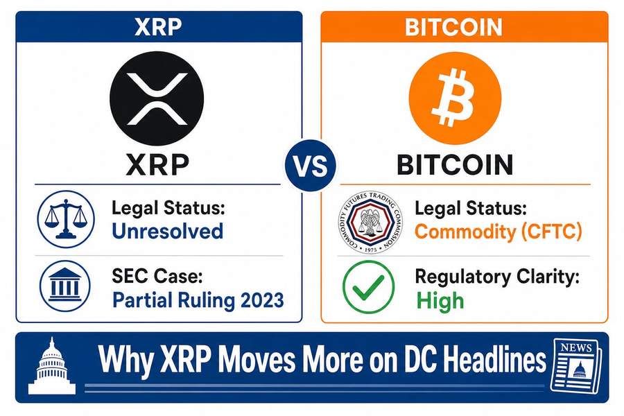 Infographic comparing XRP and Bitcoin regulatory status showing XRP as legally unresolved versus Bitcoin as CFTC-classified commodity