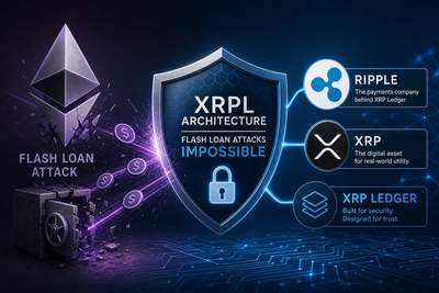 XRP Ledger transaction architecture diagram showing blocked flash loan attack vectors