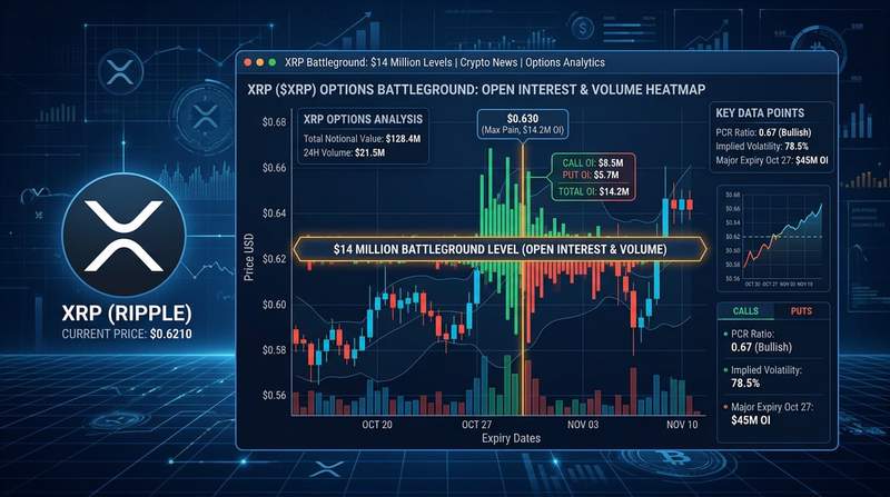 XRP logo with options trading charts showing $14 million battleground levels