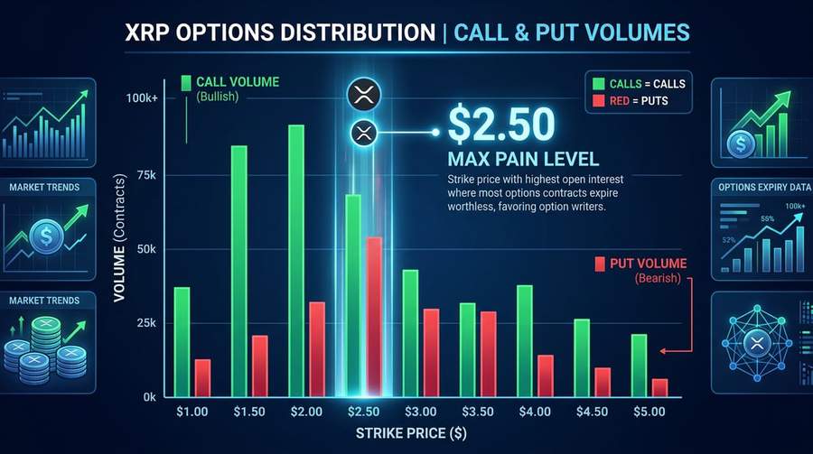 XRP options distribution chart showing call and put volumes across different strike prices with $2.50 max pain level highlighted
