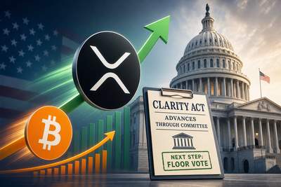 XRP coin outperforming Bitcoin chart with US Capitol building in background representing CLARITY Act progress