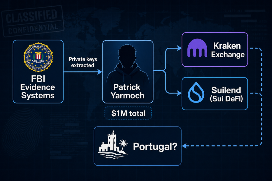 Diagram showing alleged flow of cryptocurrency theft from FBI systems through Kraken and Suilend to FBI agent Patrick Yarmoch