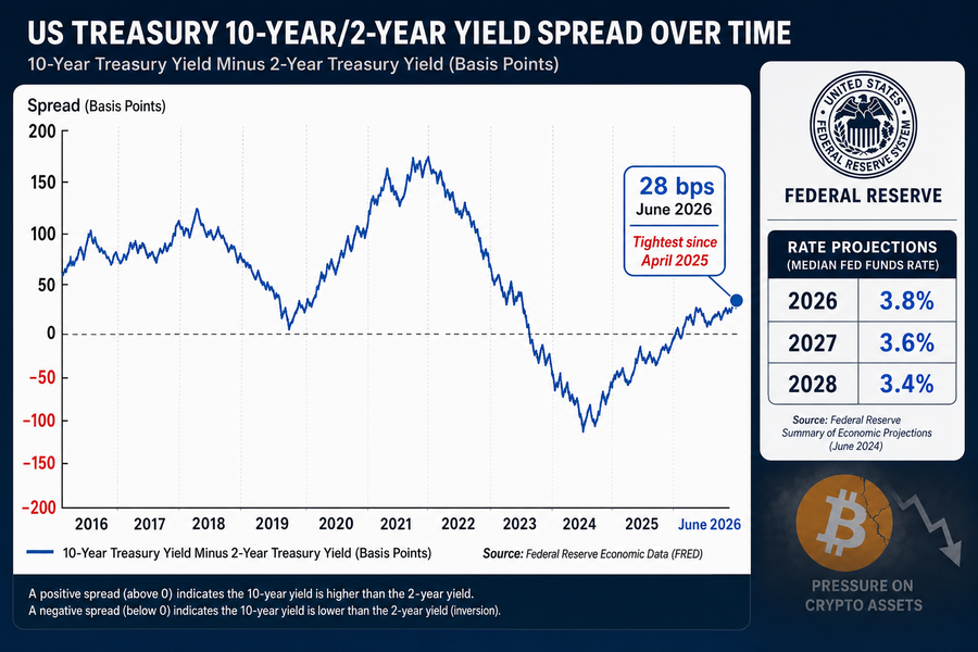 Treasury yield curve spread chart showing 28 basis point gap between 10-year and 2-year yields, the narrowest since April 2025