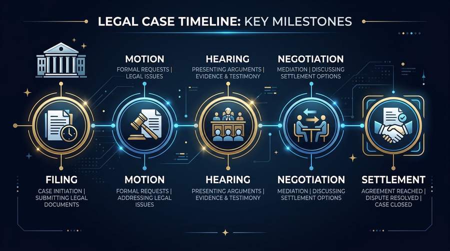 Timeline showing major milestones in Yuga Labs copyright lawsuit from filing to settlement