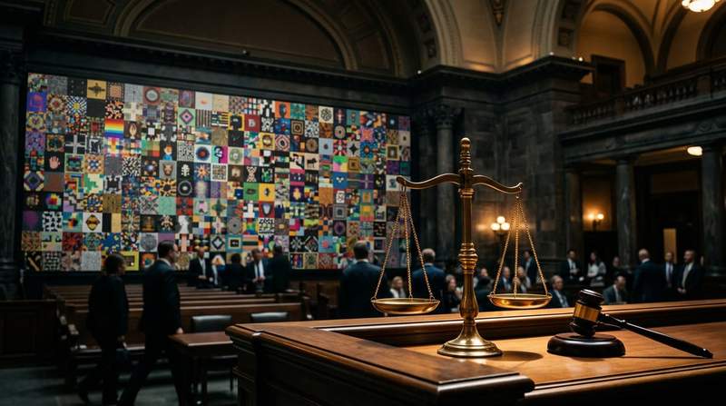 Yuga Labs logo with Bored Ape NFT artwork in courthouse setting