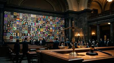 Yuga Labs logo with Bored Ape NFT artwork in courthouse setting
