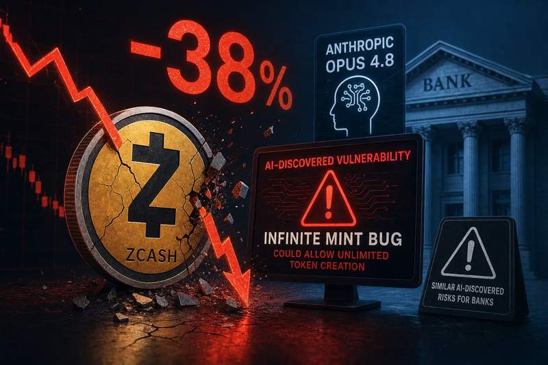 Diagram showing AI system discovering vulnerability in Zcash code with warning indicators