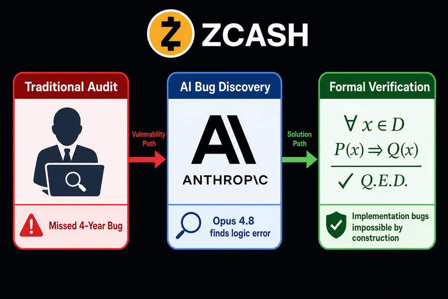 Diagram showing progression from traditional code auditing that missed the Zcash bug to AI-assisted discovery to formal verification as the solution